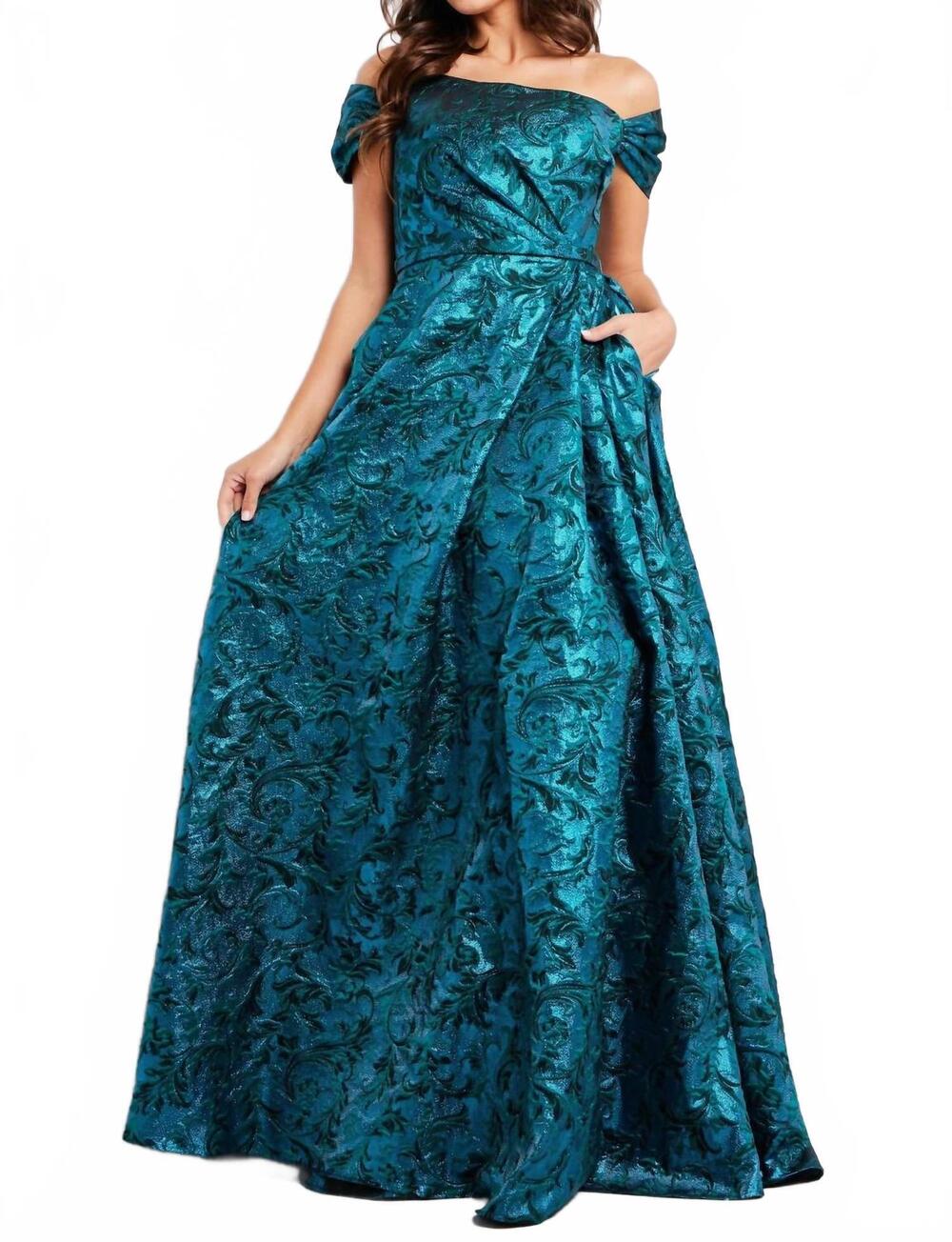 NEW JOVANI a line off the shoulder dress in peacock/teal